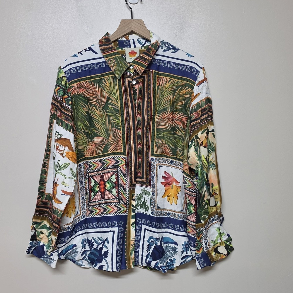 Farm Rio Tropical Mixed Scarfs Patterned Button Up Shirt Sz XL Beach Vacation - Picture 1 of 9